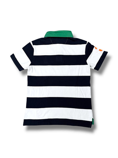 XTENDED Vintage Ralph Lauren Polo shirt with navy and white stripes, green collar, and orange accents on sleeve.