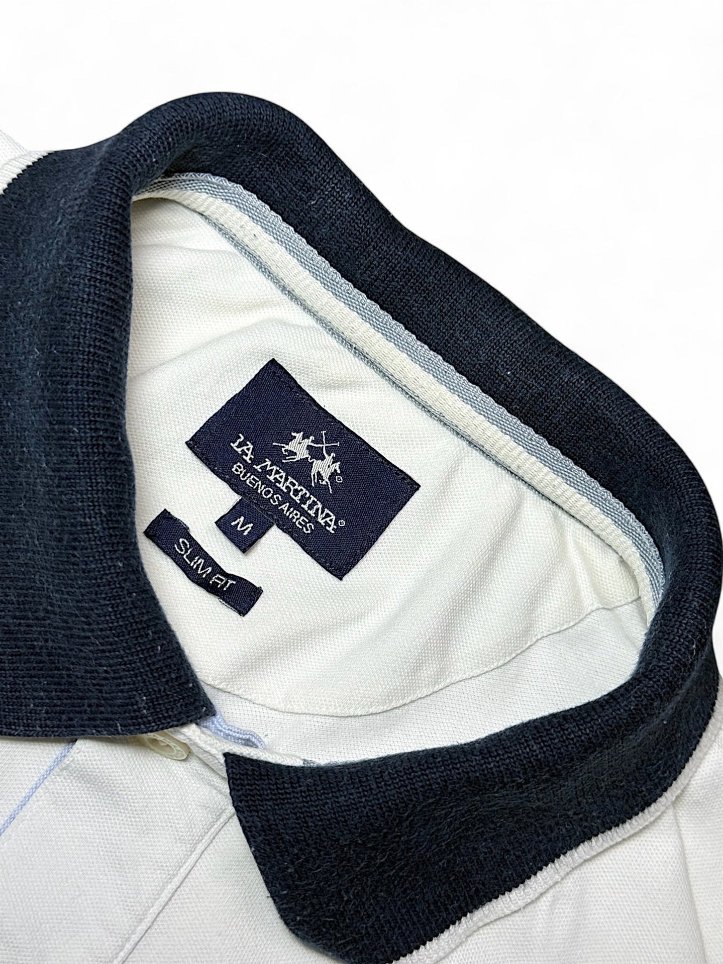 XTENDED vintage white polo shirt with navy collar and trim, size M, slim fit, cotton blend.