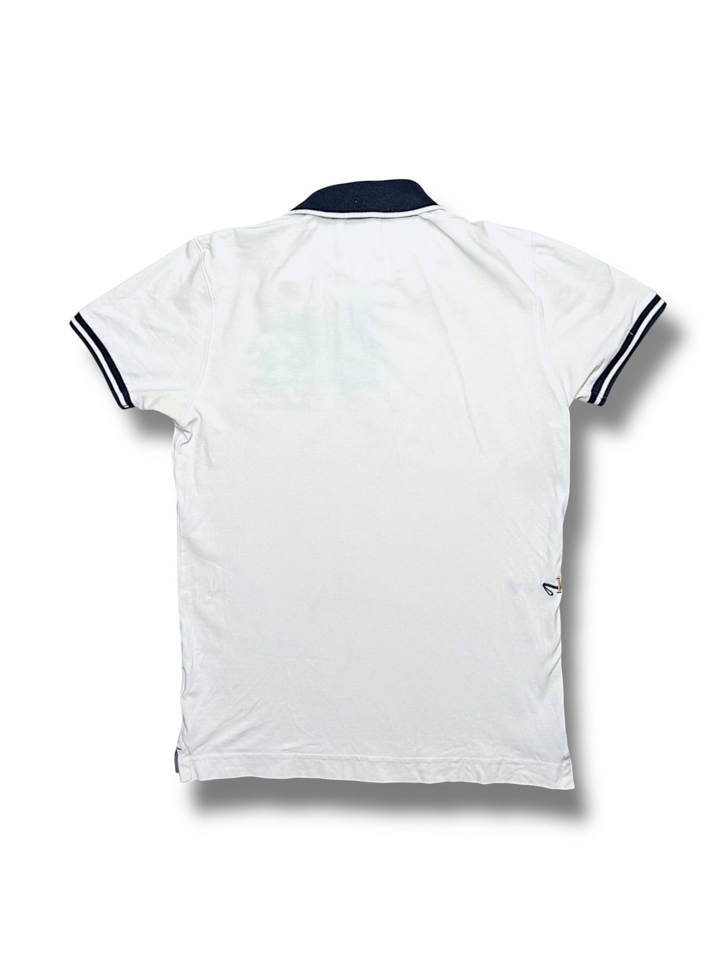 XTENDED vintage white cotton polo shirt with navy collar and sleeve trim, size M.